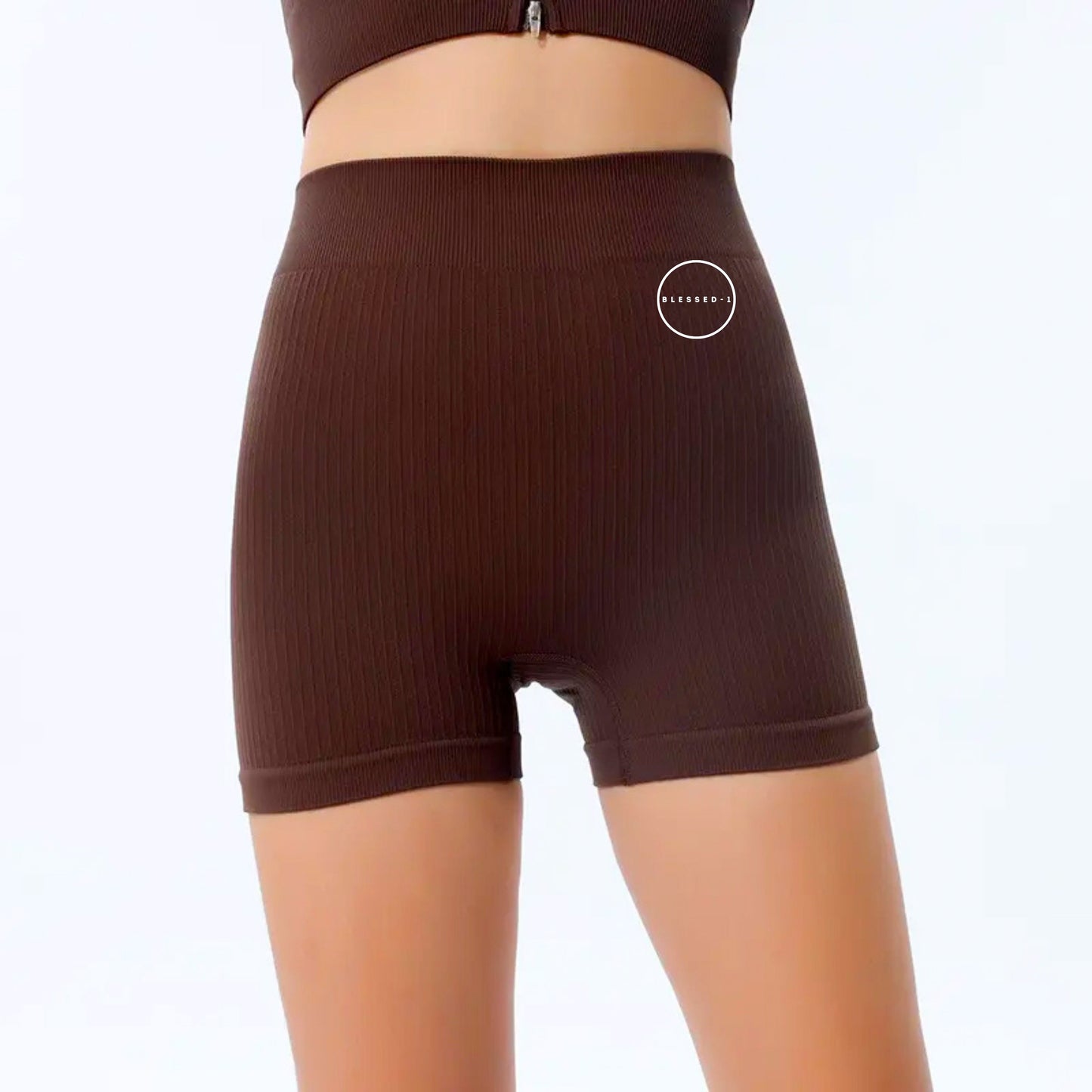 Seamless Ribbed Scrunch Shorts- Brown - premium Apparel & Accessories > Clothing > Shorts - Blessed-1 activewear, lululemon alternative, alo yoga dupe