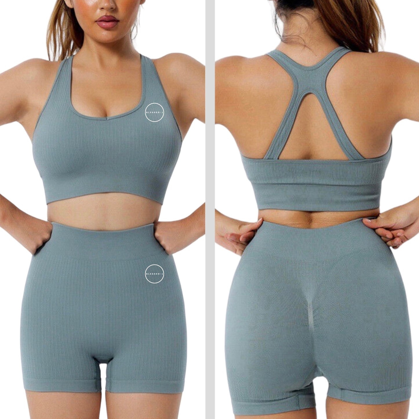 Seamless Ribbed Scrunch Shorts - BlueGrey