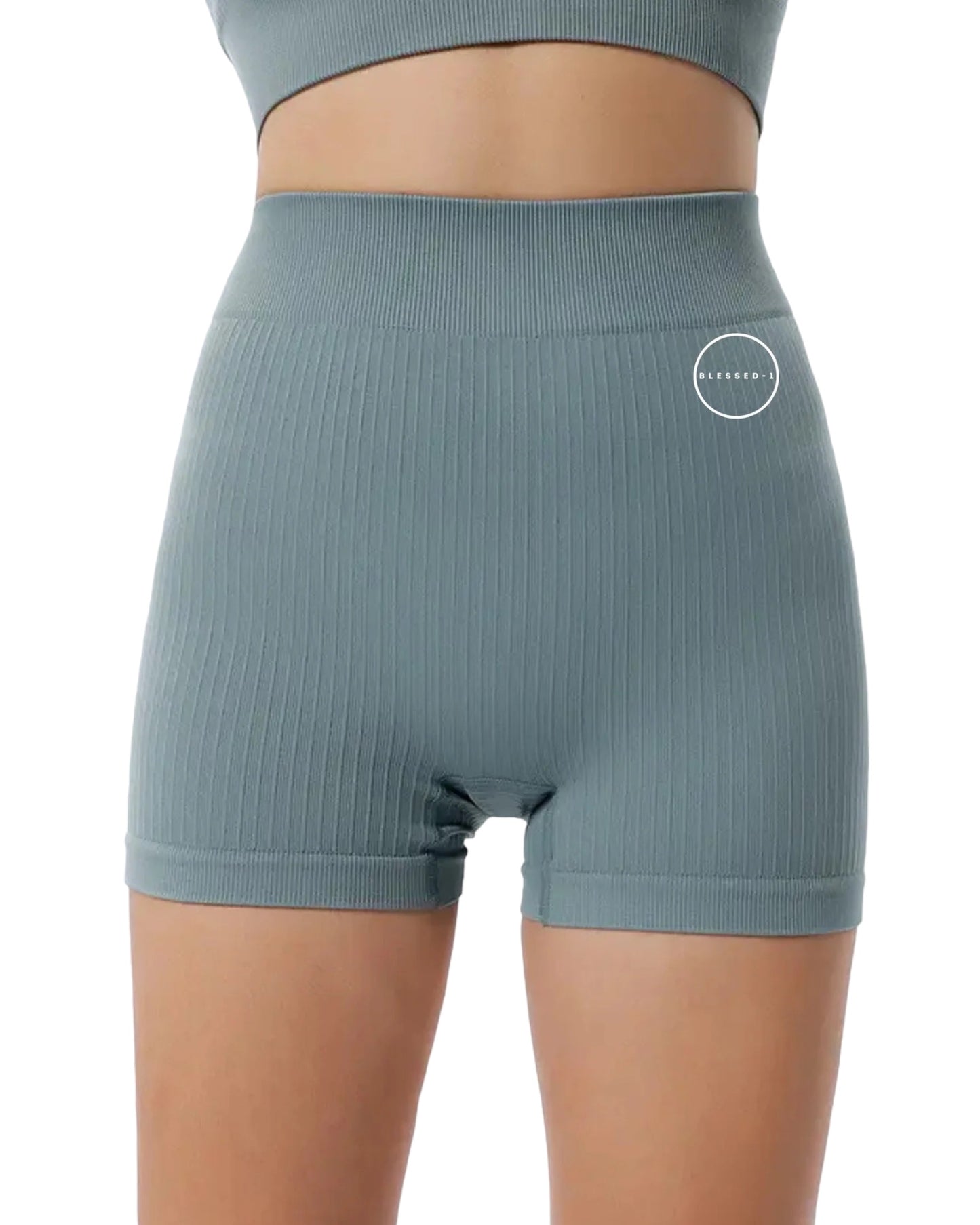 Seamless Ribbed Scrunch Shorts - BlueGrey - premium Apparel & Accessories > Clothing > Shorts - Blessed-1 activewear, lululemon alternative, alo yoga dupe