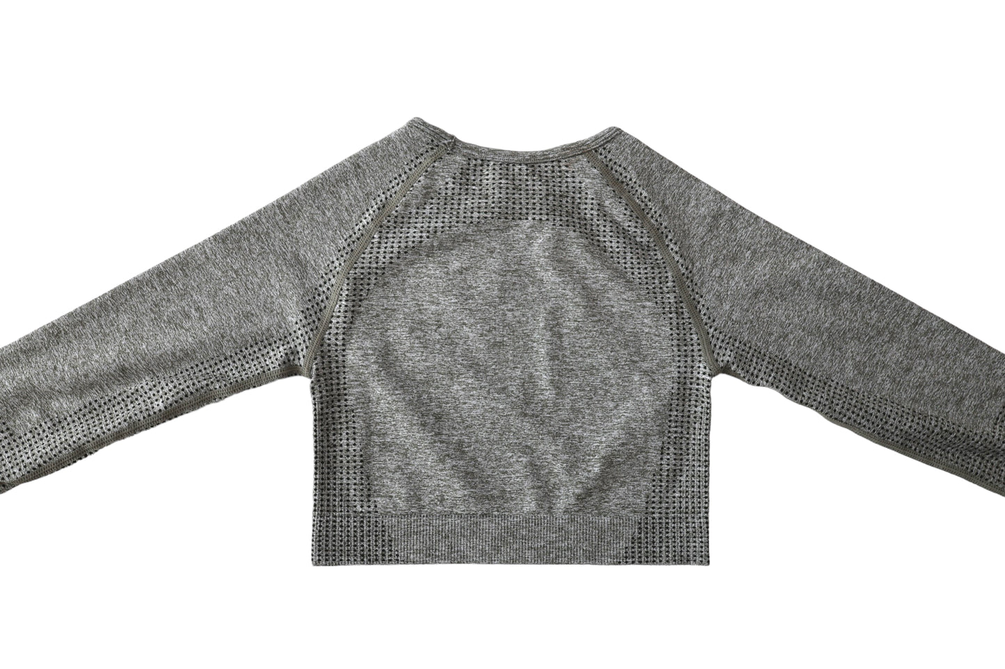 Detail view of light green long sleeve crop top stitching and contour design, premium gym top