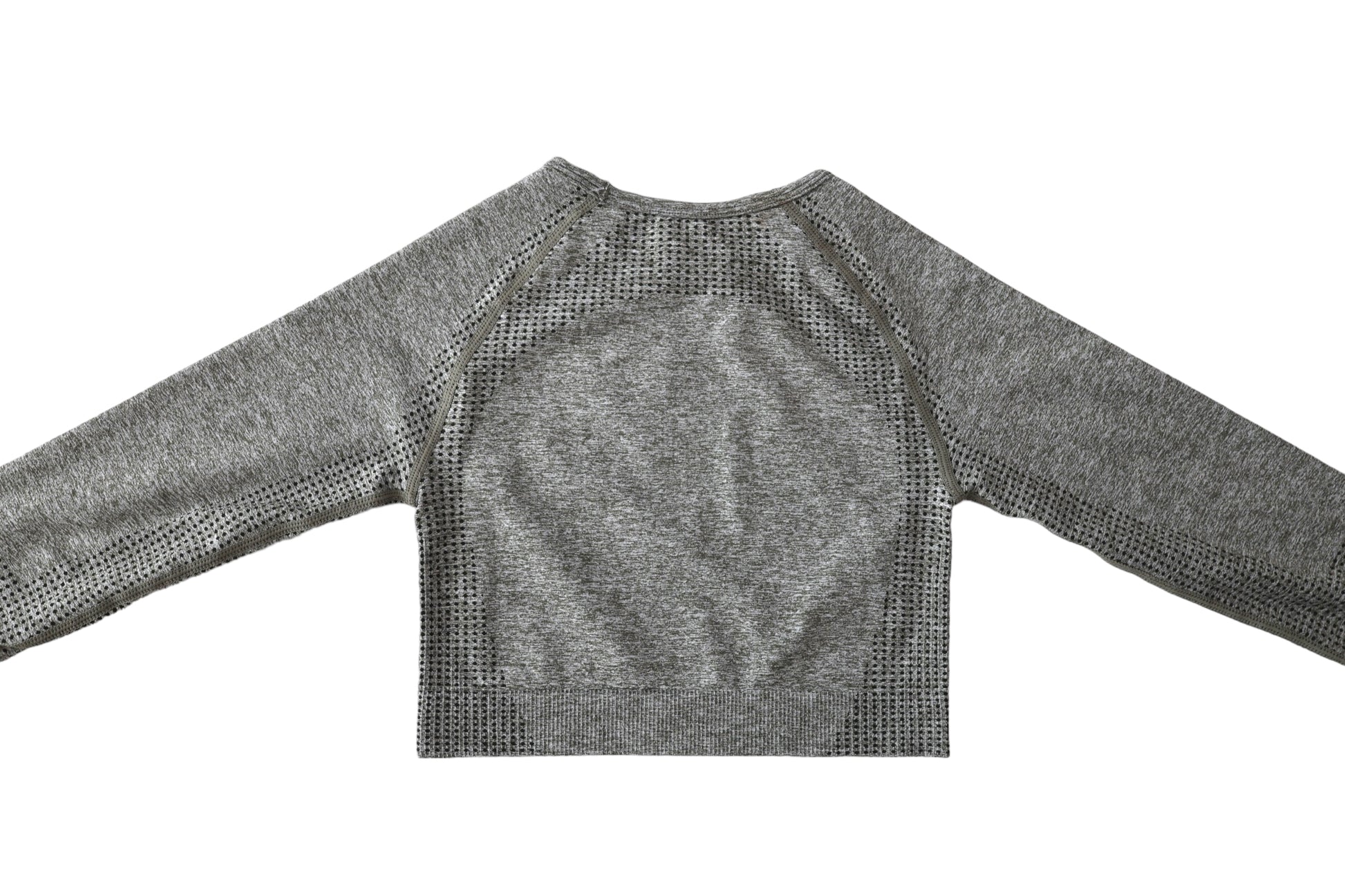 Detail view of light green long sleeve crop top stitching and contour design, premium gym top